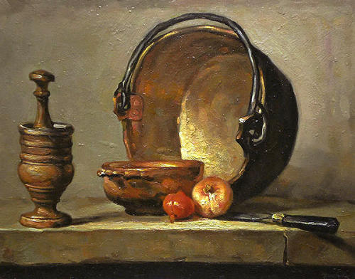 Copy of Chardin. (Still Life with Pestle, Bowl, Copper Cauldron, Onions, and a Knife).